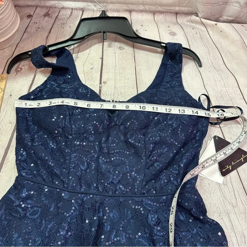 NWT formal dress navy city triangles sz 3 layered lace overlay